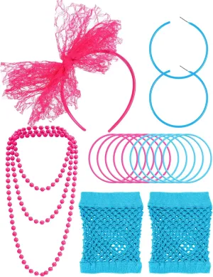 Blulu 80s Accessories for Women Costume Lace Headband Earrings Fishnet Gloves Necklace Bracelet for 80's Party