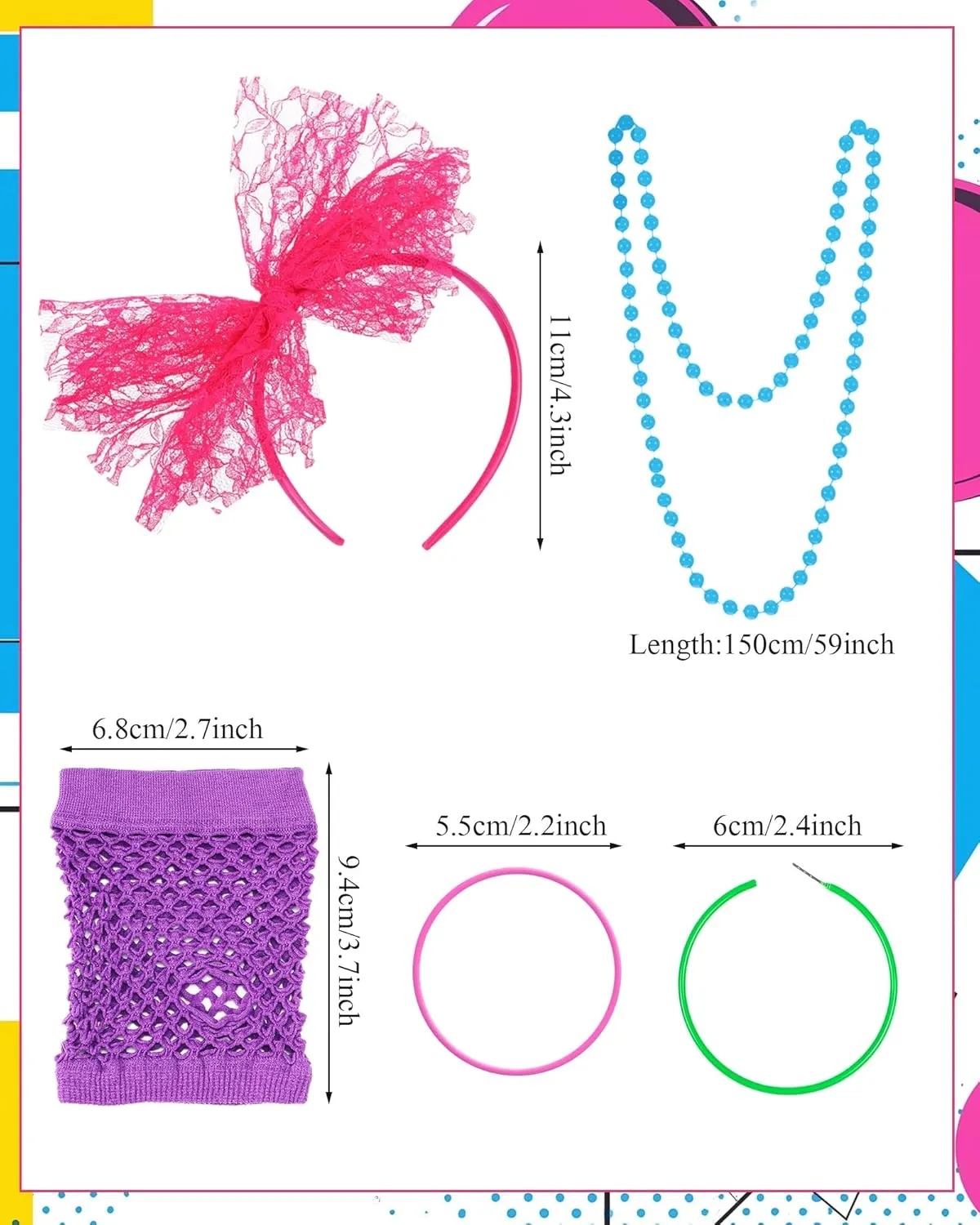 Blulu 80s Accessories for Women Costume Lace Headband Earrings Fishnet Gloves Necklace Bracelet for 80's Party