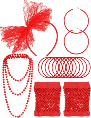 Blulu 80s Accessories for Women Costume Lace Headband Earrings Fishnet Gloves Necklace Bracelet for 80's Party