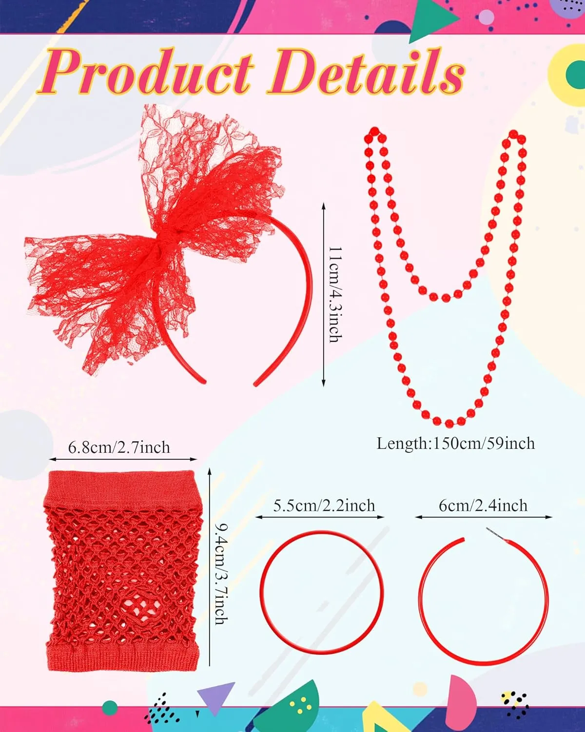 Blulu 80s Accessories for Women Costume Lace Headband Earrings Fishnet Gloves Necklace Bracelet for 80's Party