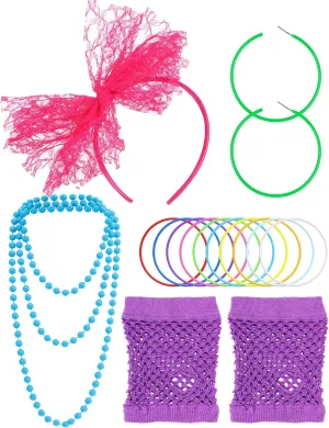 Blulu 80s Accessories for Women Costume Lace Headband Earrings Fishnet Gloves Necklace Bracelet for 80's Party