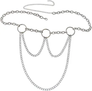 Body Chain Layered, Chain Belts Women Silver Minimalist Multilayer Circle Chain Tassel Waist Belly 46.8Inch Alloy Jewelry