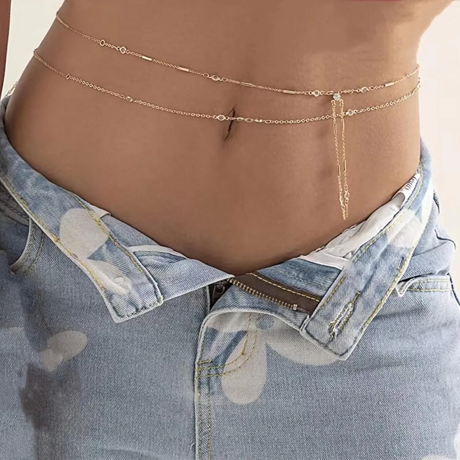 Body Chain Layered, Womens Chain Belts Fashion Minimalist Double Layer Cubic Zirconia Tassel Waist Belly Alloy Jewelry