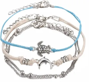 Boho Beach Sea Turtles Rope String Bracelets Anklets Family Handmade Adjustable Turtle Pendant Turquoise Bead Anklet For Women