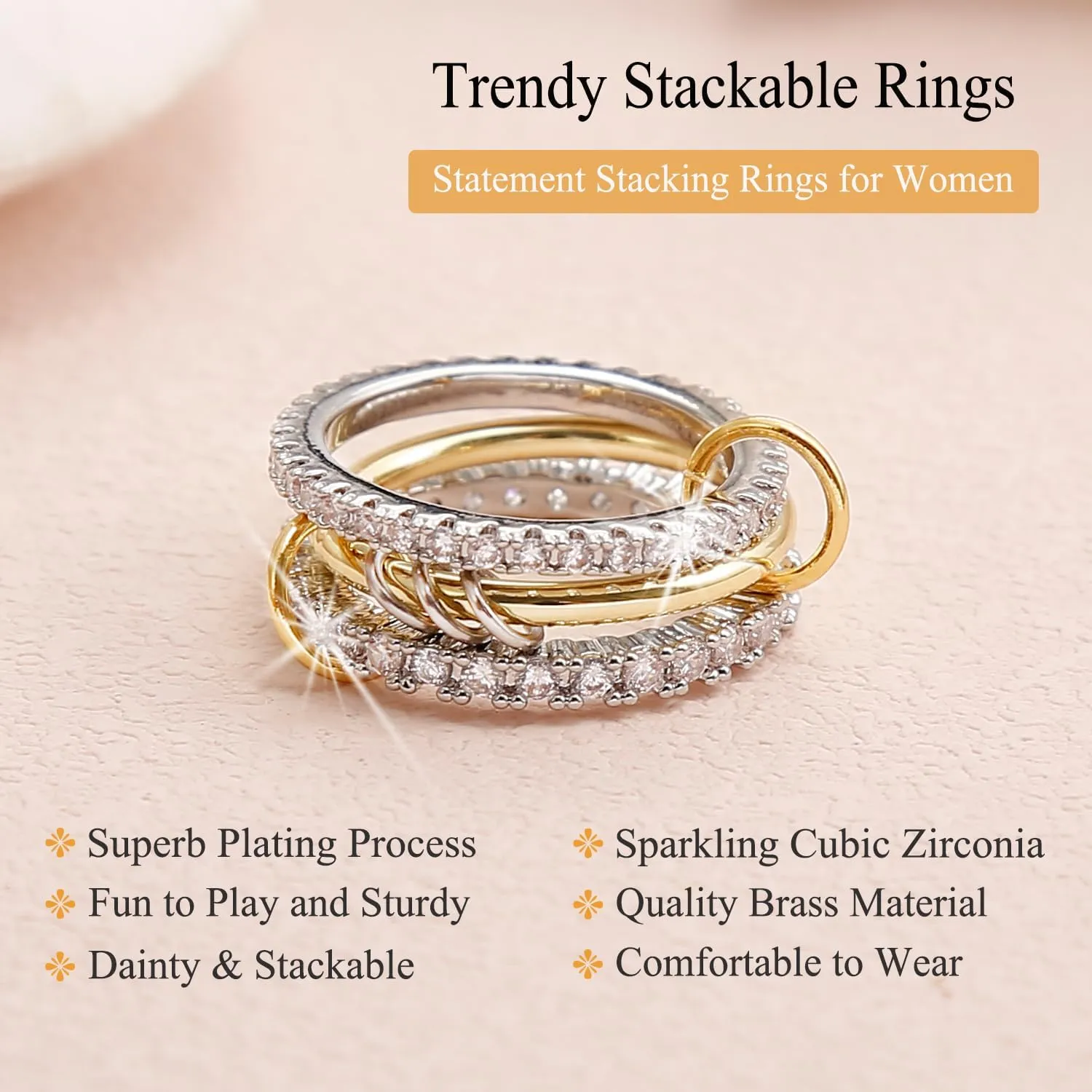 BOMAIL Gold Stackable Rings for Women Non Tarnish 14k Gold Plated Rings Chunky Stackable Cubic Zirconia Rings Set Dainty Gold Rings for Women