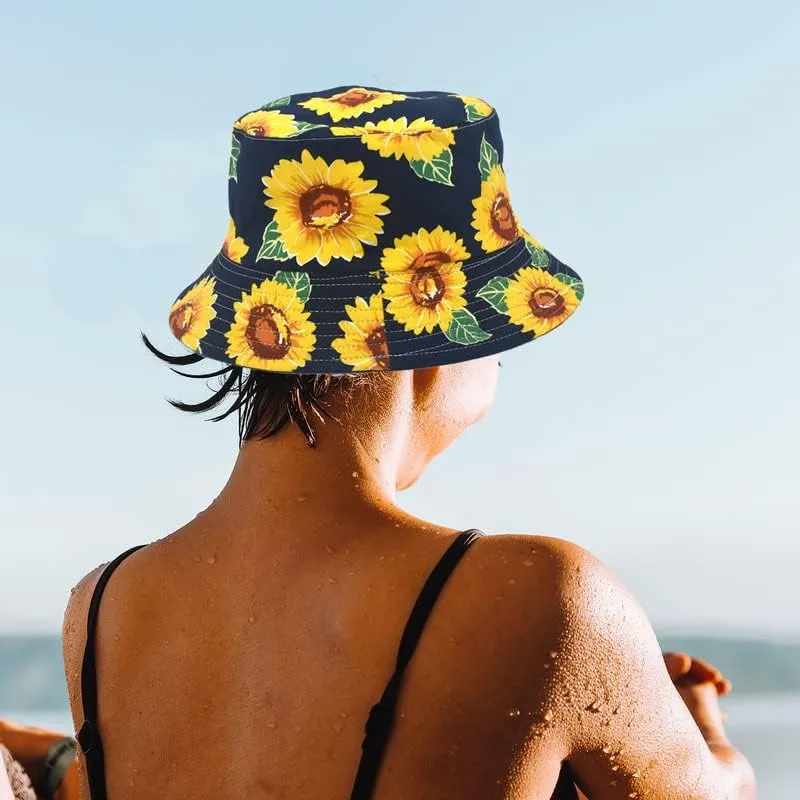 Bucket Hat Cotton Double-Side-Wear Reversible Sun Hat for Women Men, Summer Vacation Travel Beach Packable Fisherman Hat
