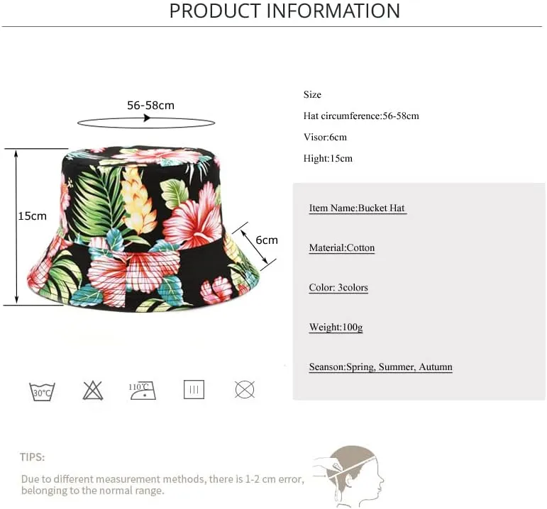Bucket Hat Cotton Double-Side-Wear Reversible Sun Hat for Women Men, Summer Vacation Travel Beach Packable Fisherman Hat