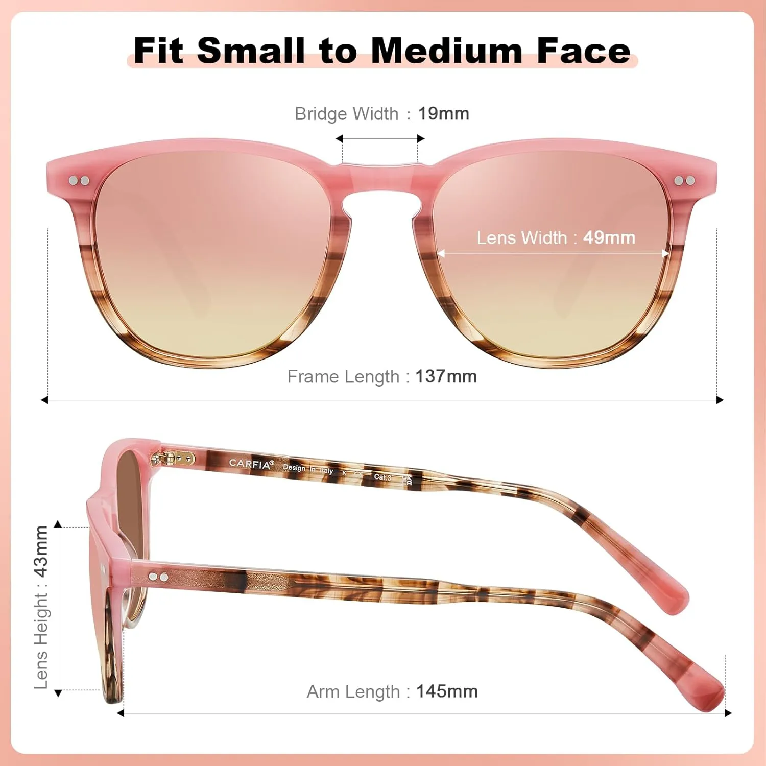 CARFIA Retro Polarized Sunglasses for Women Small and Medium Face UV Protection, Handcrafted Acetate Frame Sunnies CA5285