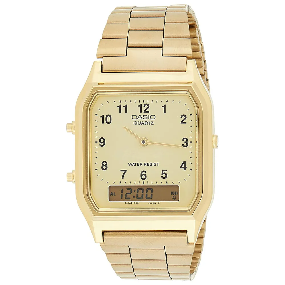 Casio Men's Gold Dial Stainless Steel Band Analog & Digital Quartz Watch - AQ-230A-9BMQ