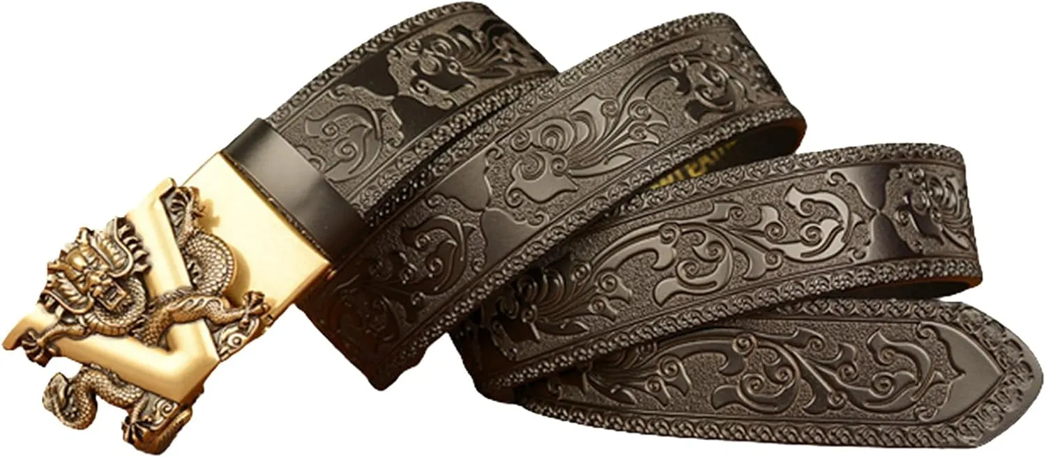 Casual Embossed Leather Belts Adjustable Automatic Buckle Personalized Engraved Gold Dragon Handmade Classic Belt