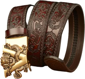 Casual Embossed Leather Belts Adjustable Automatic Buckle Personalized Engraved Gold Dragon Handmade Classic Belt