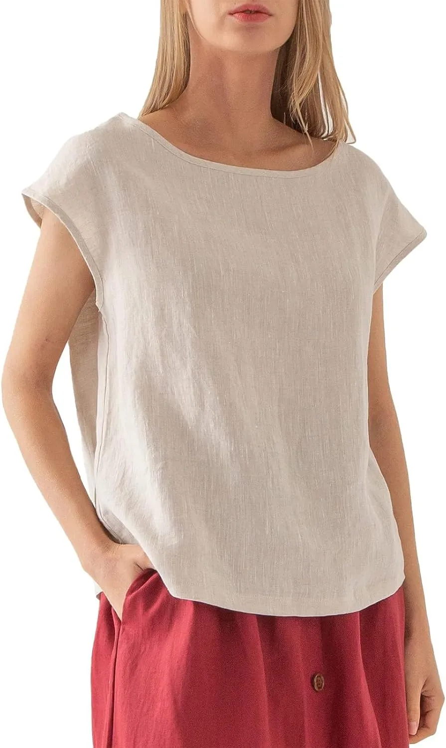 Casual Sleeveless Linen Shirts for Women Loose Fit Crew Neck Cute Cap Sleeve Top Basic Lightweight Summer Cotton Plain Blouse