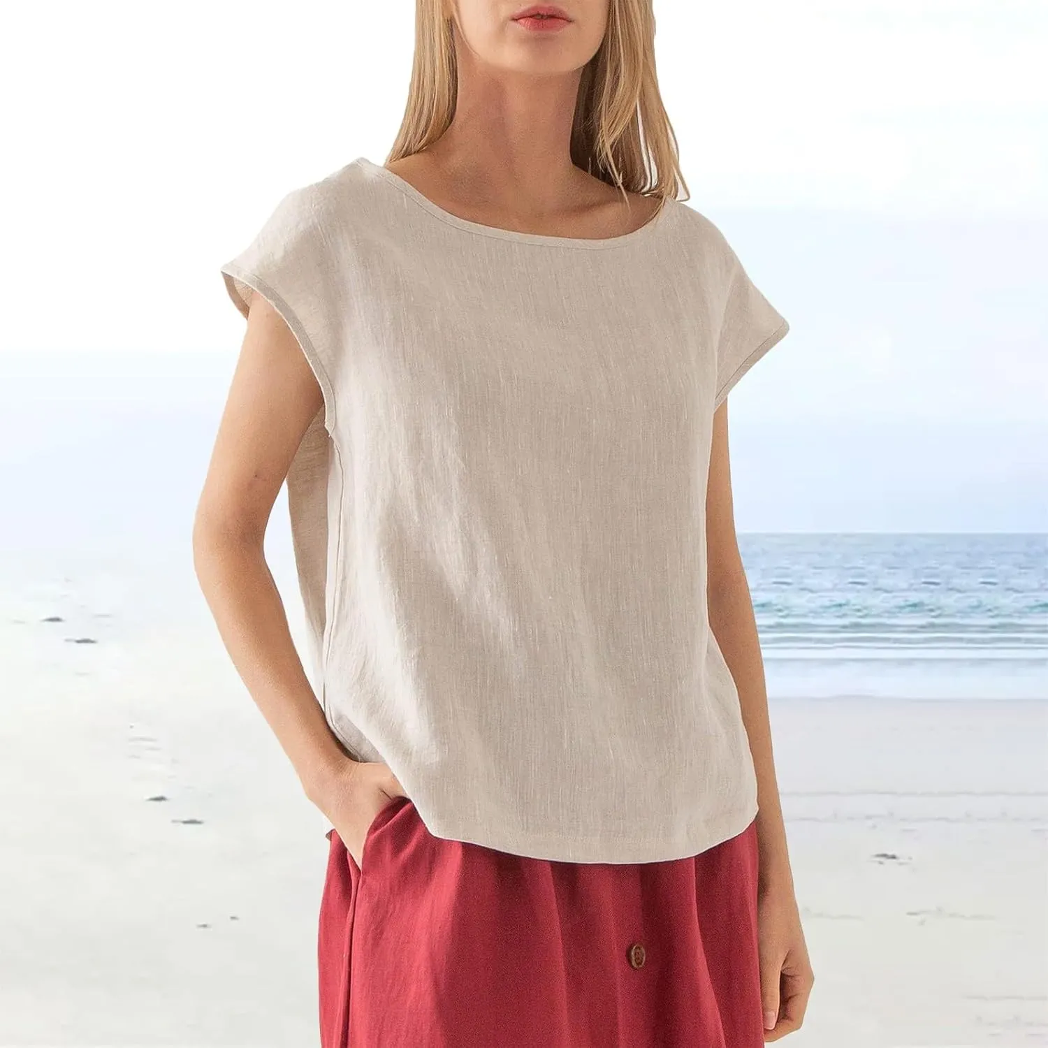 Casual Sleeveless Linen Shirts for Women Loose Fit Crew Neck Cute Cap Sleeve Top Basic Lightweight Summer Cotton Plain Blouse