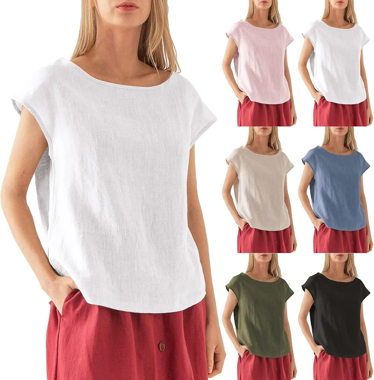 Casual Sleeveless Linen Shirts for Women Loose Fit Crew Neck Cute Cap Sleeve Top Basic Lightweight Summer Cotton Plain Blouse