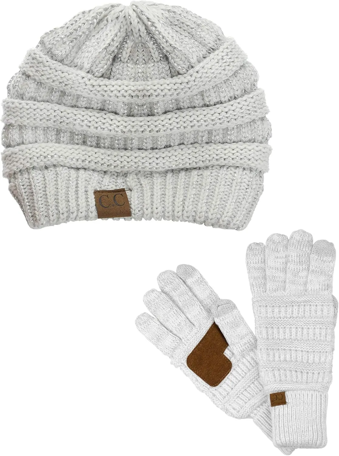 C.C Unisex Soft Stretch Cable Knit Beanie and Anti-Slip Touchscreen Gloves 2 Pc Set 2 Pc Set