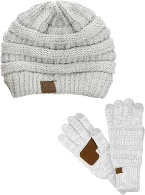 C.C Unisex Soft Stretch Cable Knit Beanie and Anti-Slip Touchscreen Gloves 2 Pc Set 2 Pc Set