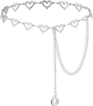 Chain Belts for Women, Heart Shaped Rhinestone Waist Necklace Silver Chain Belt Suitable for Dresses, Jeans, Formal Wear
