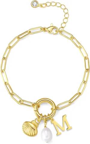 Charm Bracelets for Women - Gold Shell & Pearl Bracelets with Initial & Letter Charms
