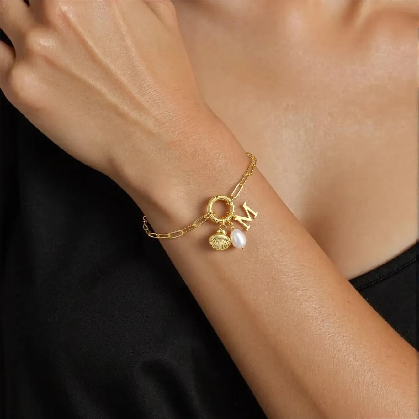 Charm Bracelets for Women - Gold Shell & Pearl Bracelets with Initial & Letter Charms
