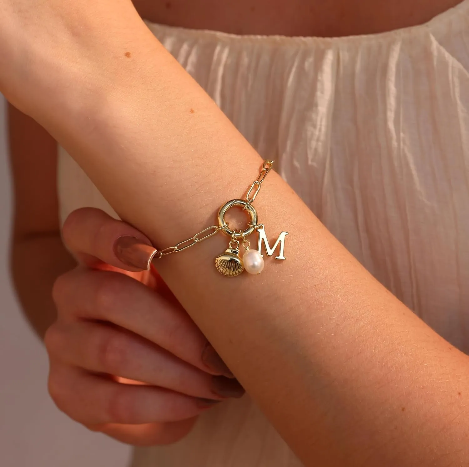 Charm Bracelets for Women - Gold Shell & Pearl Bracelets with Initial & Letter Charms