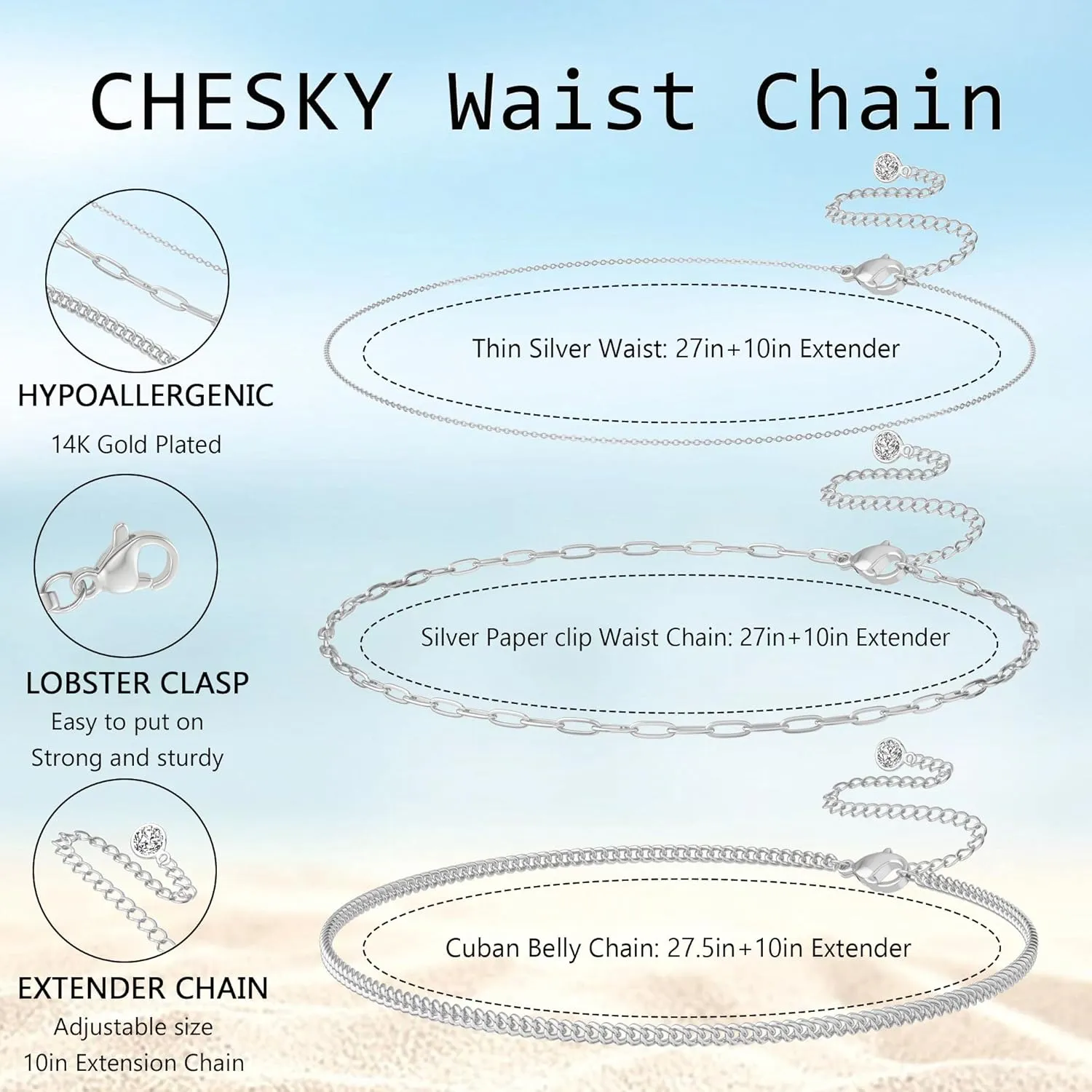 CHESKY Gold Waist Chain for Women, 14K Gold Plated Silver Layered Belly Belt Chains Sexy Bikini Beach Waist Beads Chain Waterproof Snake Pearl Cuban Body Chain Summer Jewelry Accessories for Women