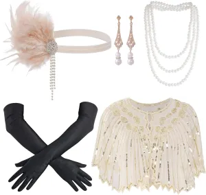 choyaxo Flapper Accessories Set Including Roaring 20s Headpiece Shawl Long Gloves Necklace Earrings for Women Great Gatsby Party