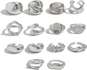 Chunky Gold Stackable Rings Set for Women,Dainty Adjustable Open Stacking Knuckle Ring Trendy Thick Dome Hollow Carved Joint Finger Midi Signet Rings Pack Statement Jewelry