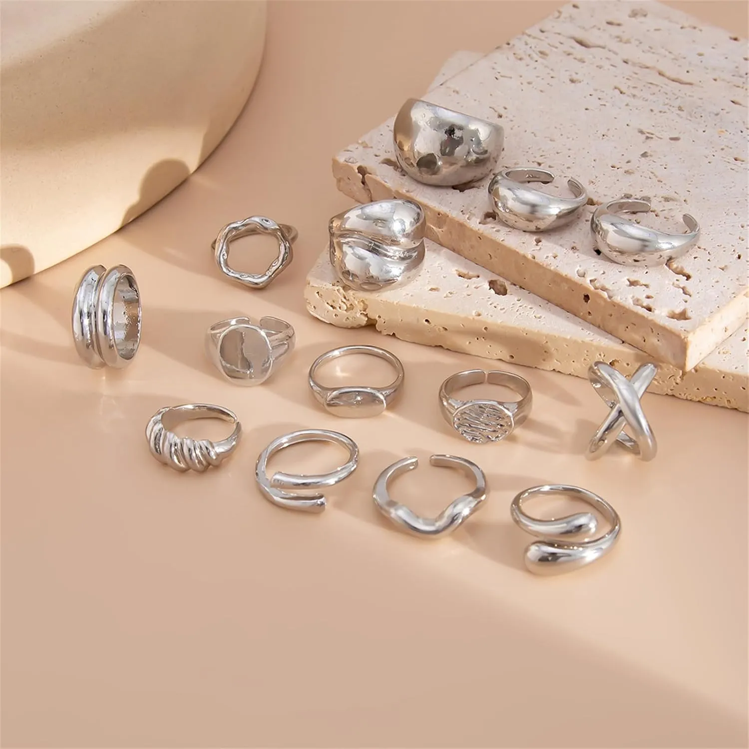 Chunky Gold Stackable Rings Set for Women,Dainty Adjustable Open Stacking Knuckle Ring Trendy Thick Dome Hollow Carved Joint Finger Midi Signet Rings Pack Statement Jewelry