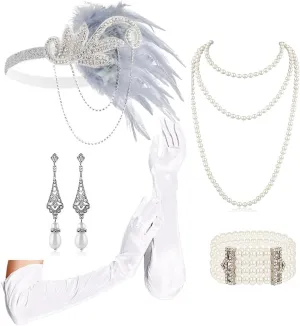 Cizoe 1920s Gatsby Accessories Set for Women Flapper Headband 20s Headpiece Necklace Gloves (oo)