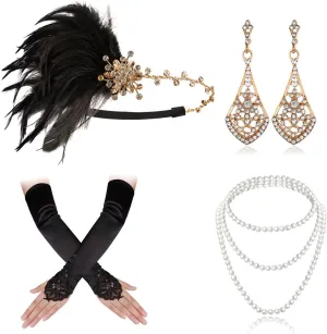 Cizoe 1920s Gatsby Accessories Set for Women Flapper Headband 20s Headpiece Necklace Gloves(ab2)