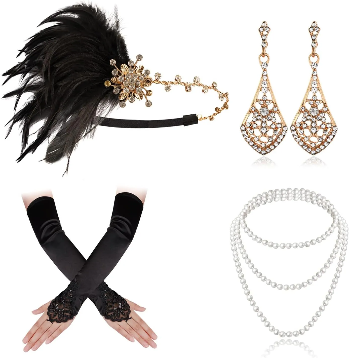 Cizoe 1920s Gatsby Accessories Set for Women Flapper Headband 20s Headpiece Necklace Gloves(ab2)