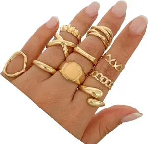 CJIAYUJEW Chunky Gold Stackable Rings Set for Women Chunky Rings Vintage Knuckle Rings Dainty Hollow Carved Joint Finger Midi Rings Statement Adjustable Rings Pack Jewelry Mixed Size