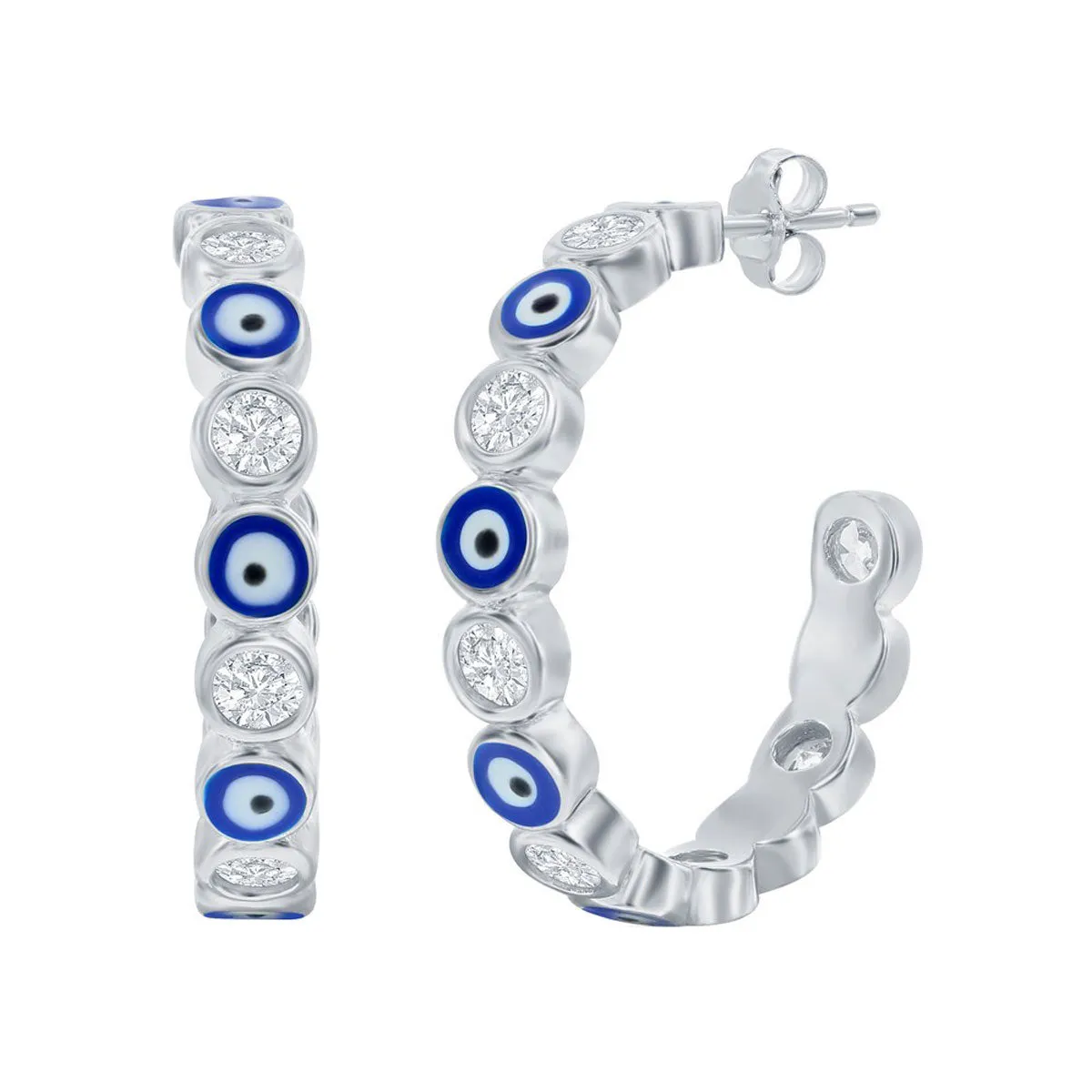 Classic Women's Earrings - Alternating CZ and Navy Blue Enamel Evil Eye Hoop | D-8352