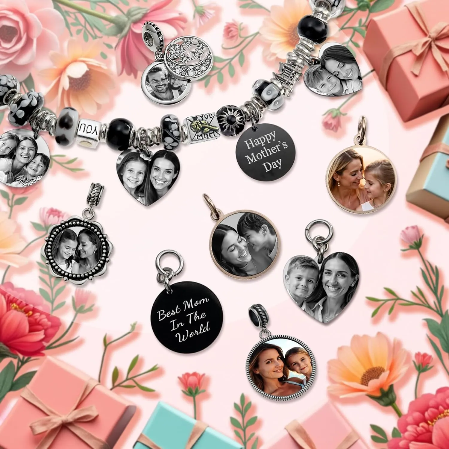 Custom Charm Personalized Laser Engraved Photo Pendant Dangle Bead For European Charm Bracelets