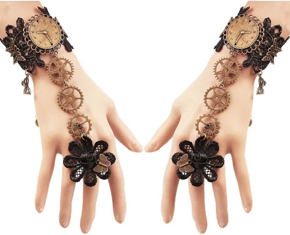 Daimay Bronzing Fingerless Gloves Gothic Floral Lace Steampunk Wristband Ring Vintage Beaded Gloves Bridal Bracelet Ring Set - 1 Pair –Gear flower