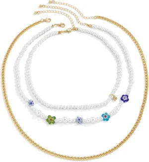 Dainty Layered Necklace, 3 Layering Necklace Gold Lobster Claw White Round Pearl Flower Clavicle Chain Design Birthday