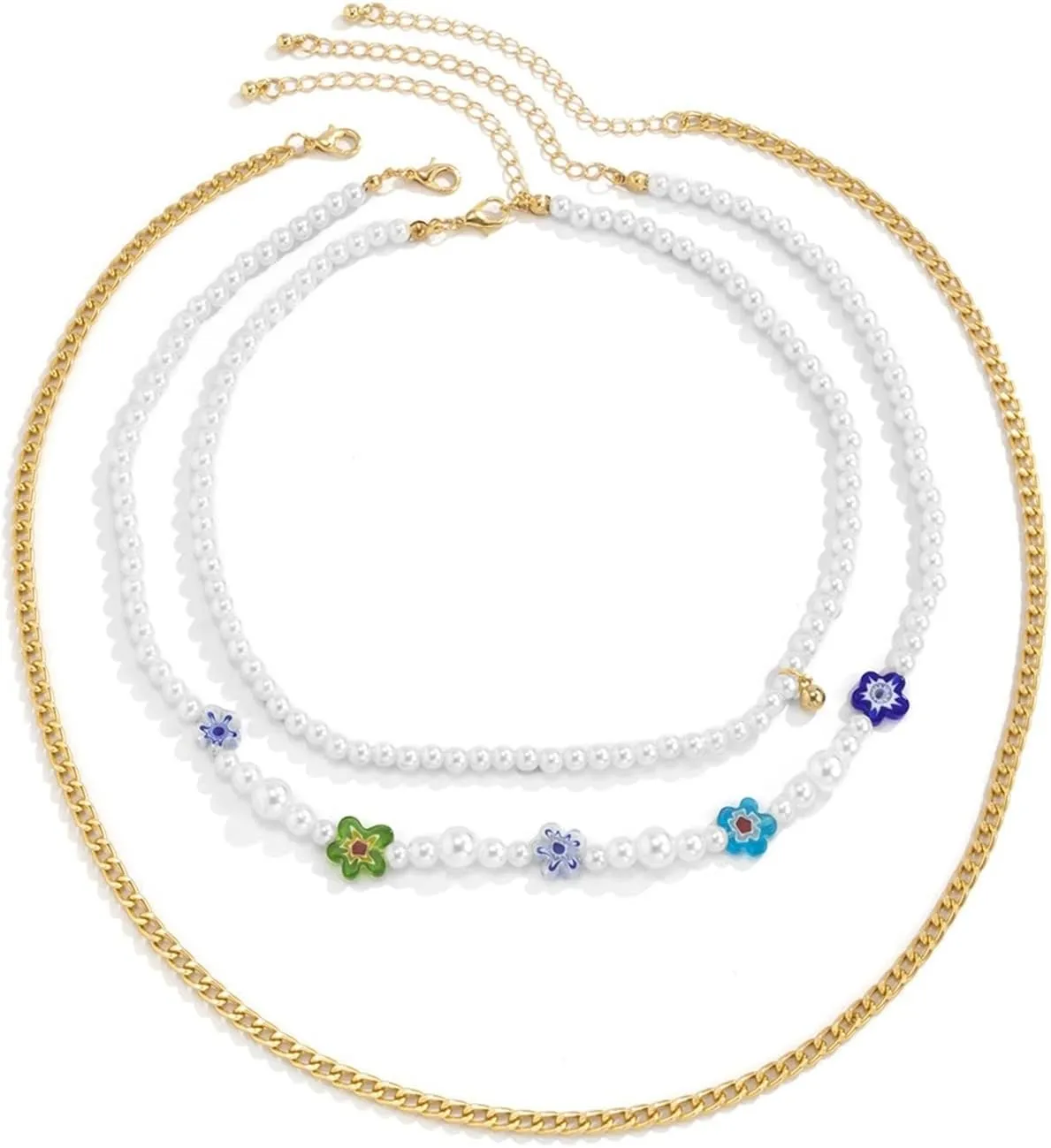 Dainty Layered Necklace, 3 Layering Necklace Gold Lobster Claw White Round Pearl Flower Clavicle Chain Design Birthday