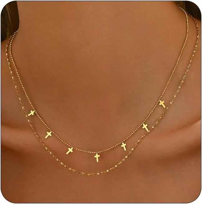 Dainty Layered Necklaces for Women 18K Gold Plated Tiny Cross Choker Necklace Coin Star Charm Pendant Necklace Trendy Jewelry