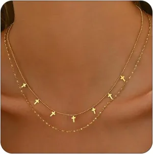 Dainty Layered Necklaces for Women 18K Gold Plated Tiny Cross Choker Necklace Coin Star Charm Pendant Necklace Trendy Jewelry