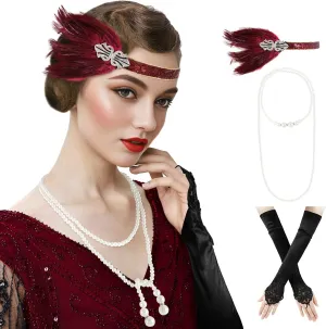 DOCILA 1920s Accessories For Women Gatsby Costume Roaring 20s Flapper Headband Headpiece Vintage Pear Necklace Gloves
