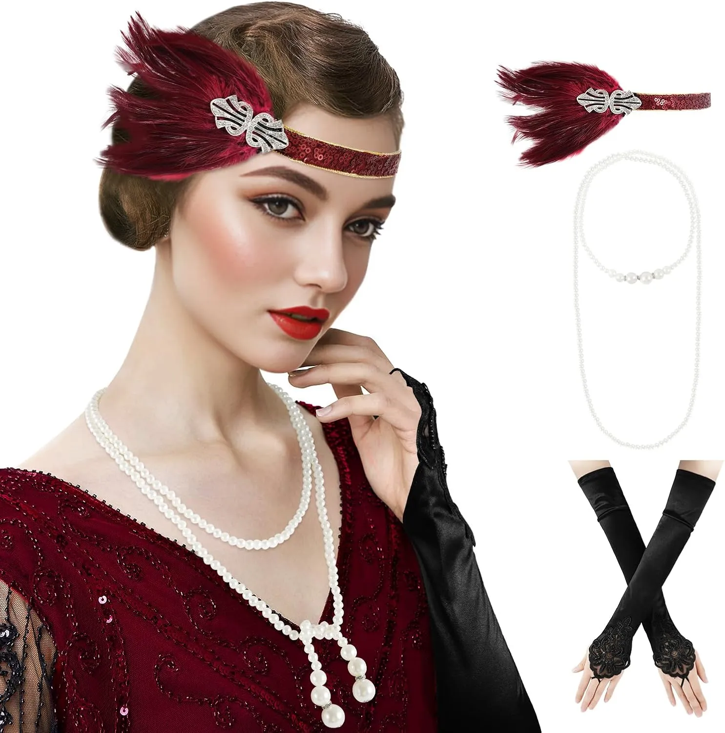 DOCILA 1920s Accessories For Women Gatsby Costume Roaring 20s Flapper Headband Headpiece Vintage Pear Necklace Gloves