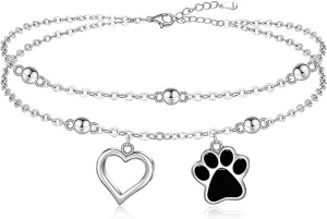 Dog Paw Anklets for Women 925 Sterling Silver Dog Anklets Pet Cat Paw Print Ankle Bracelet Layered Heart Beaded Jewelry Gifts for Women