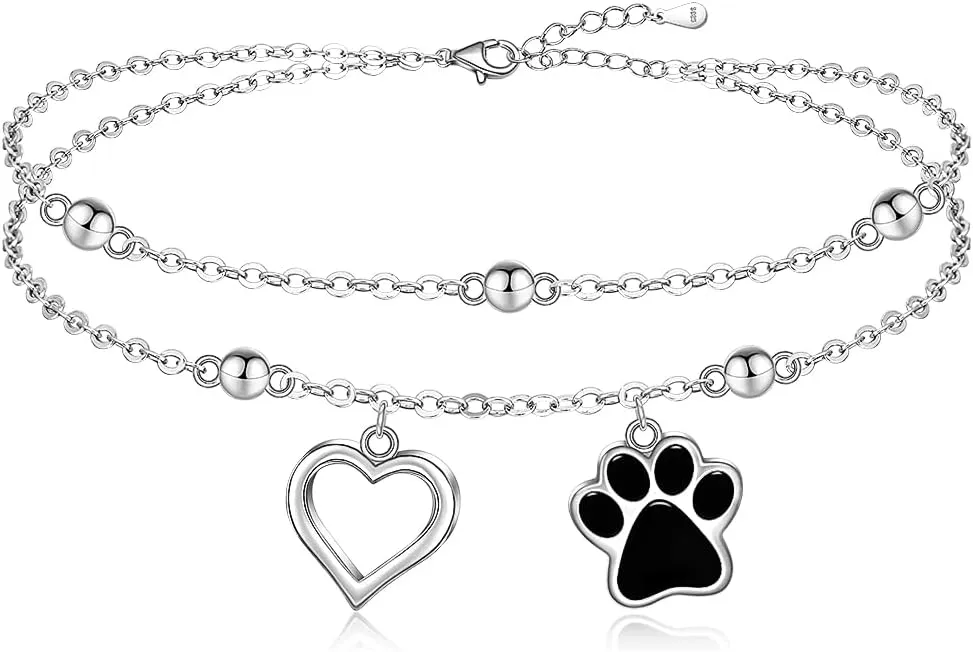 Dog Paw Anklets for Women 925 Sterling Silver Dog Anklets Pet Cat Paw Print Ankle Bracelet Layered Heart Beaded Jewelry Gifts for Women