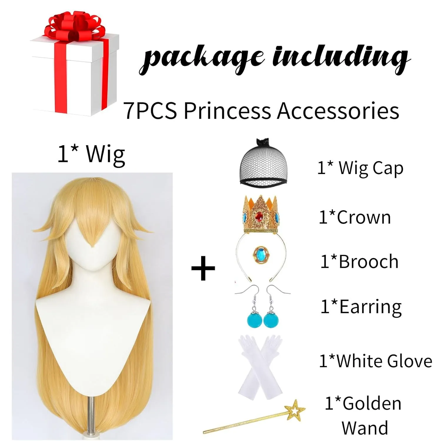 Ebingoo Golden Princess Kids Girls Long Blonde Wavy Wig Set with Natural Synthetic Hair for Halloween Party (Wig Cap Crown Gloves Magic Wand Earrings Brooch)