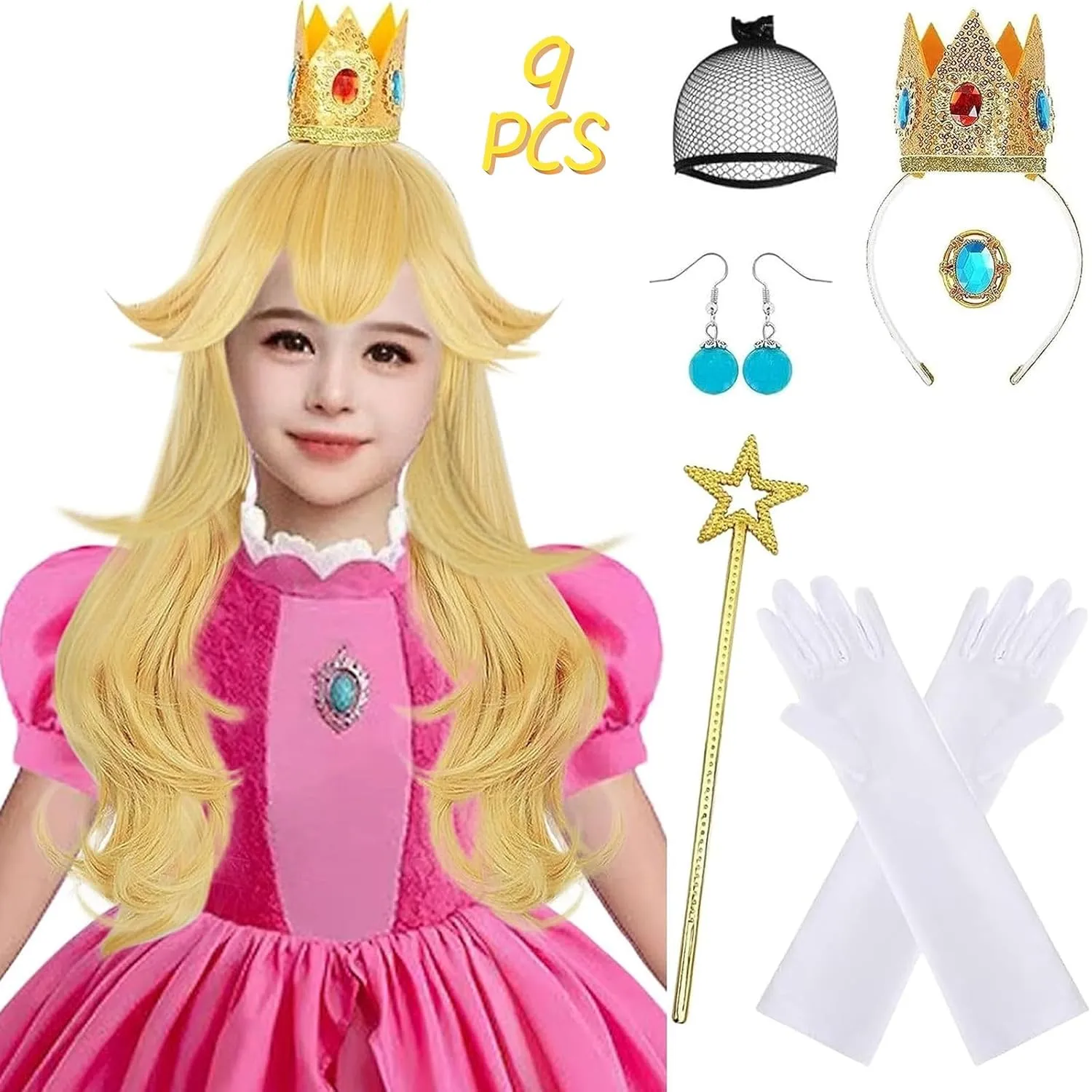 Ebingoo Golden Princess Kids Girls Long Blonde Wavy Wig Set with Natural Synthetic Hair for Halloween Party (Wig Cap Crown Gloves Magic Wand Earrings Brooch)