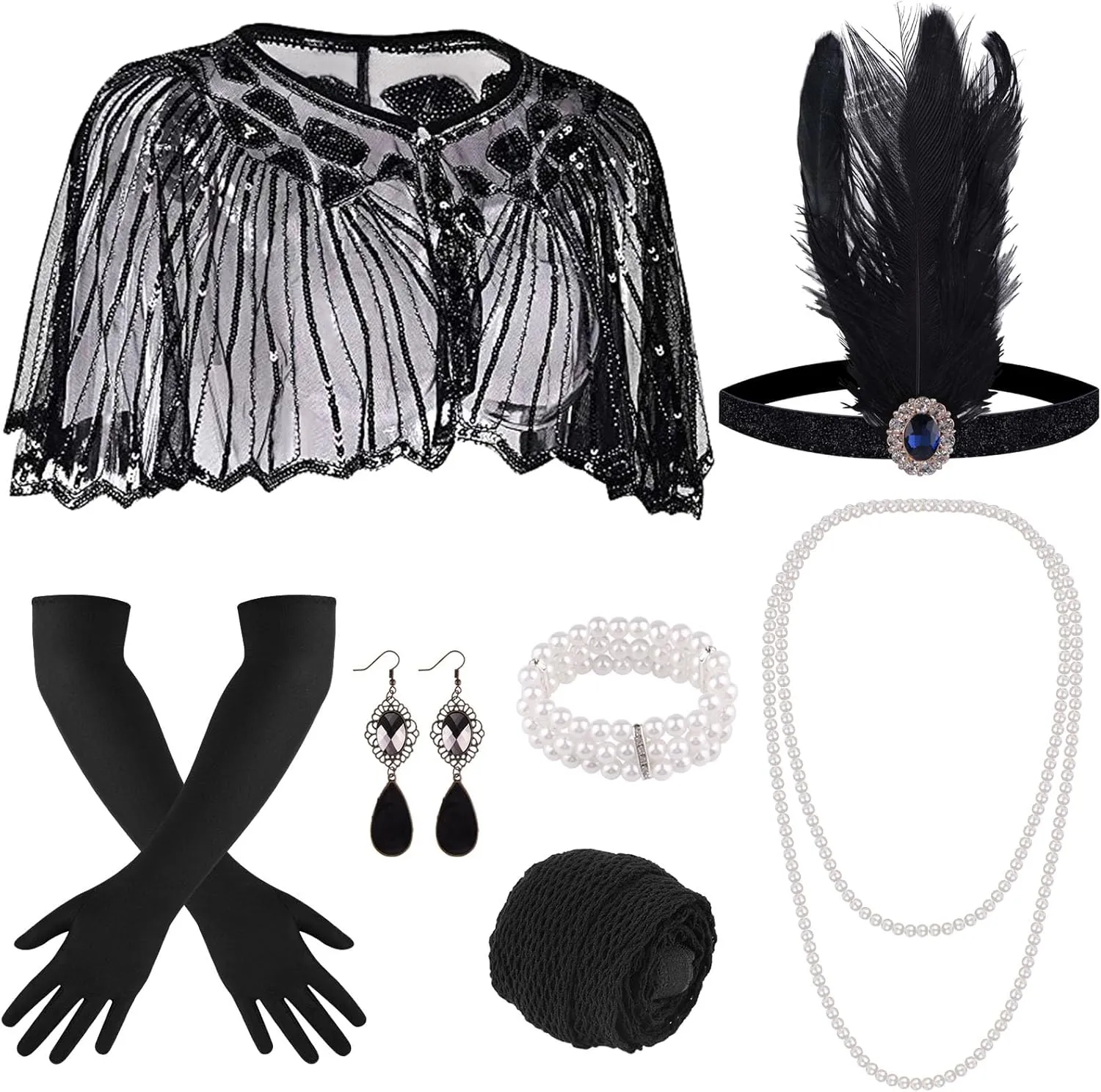 ELECLAND 10 Pieces 1920s Flapper Gatsby Accessories Set Fashion Roaring 20's Theme Set with Headband Headpiece for Women