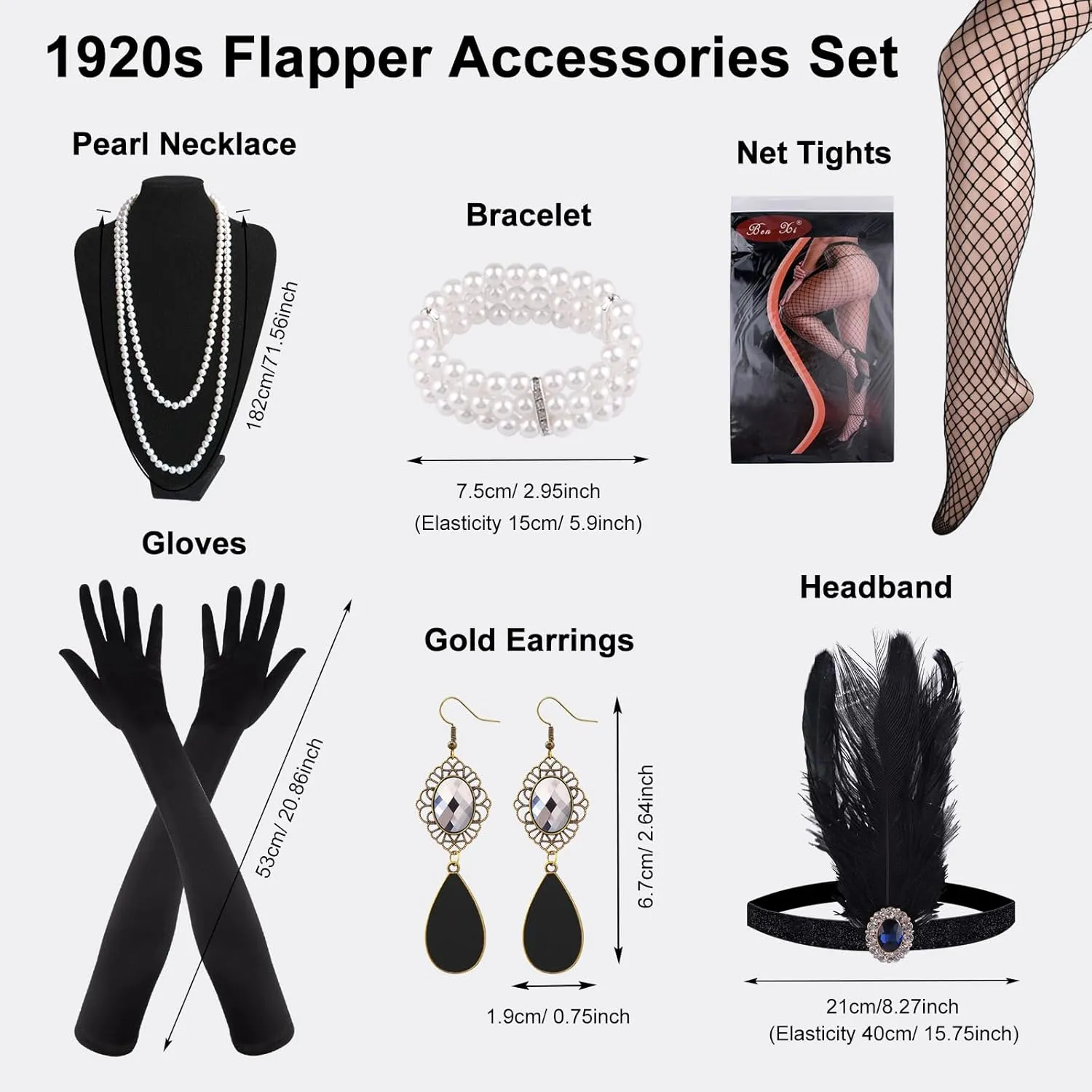 ELECLAND 10 Pieces 1920s Flapper Gatsby Accessories Set Fashion Roaring 20's Theme Set with Headband Headpiece for Women