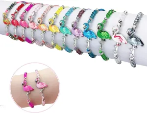 Elesa Miracle 12pc Women Girl Flamingo Woven Friendship Crystal Bead Bracelet Value Set Kids Party Favor Adjustable Bracelet