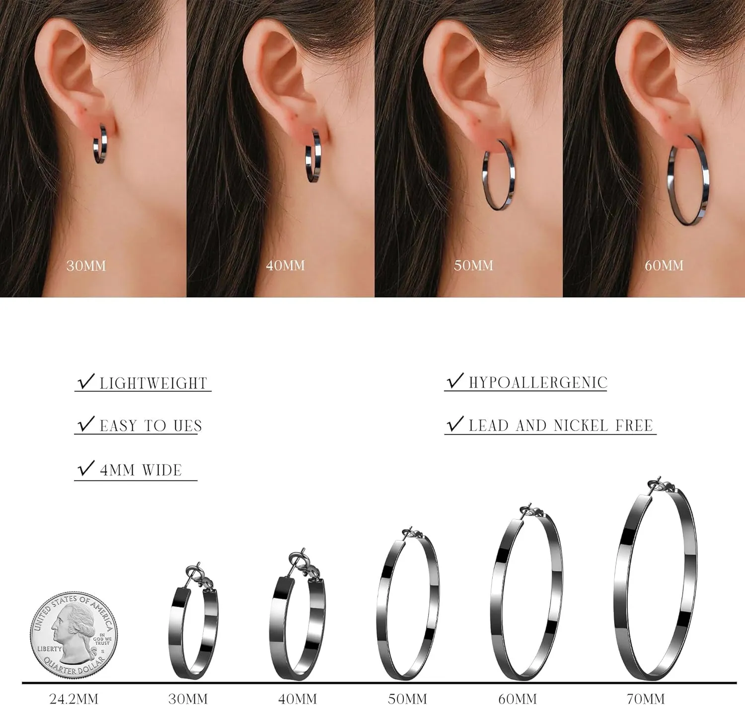 EXGOX Silver Hoop Earrings for Women - Sterling Silver & 14K Gold Plated - Hypoallergenic 925 Silver - Big Hoop Earrings (30/40/50/60/70mm)