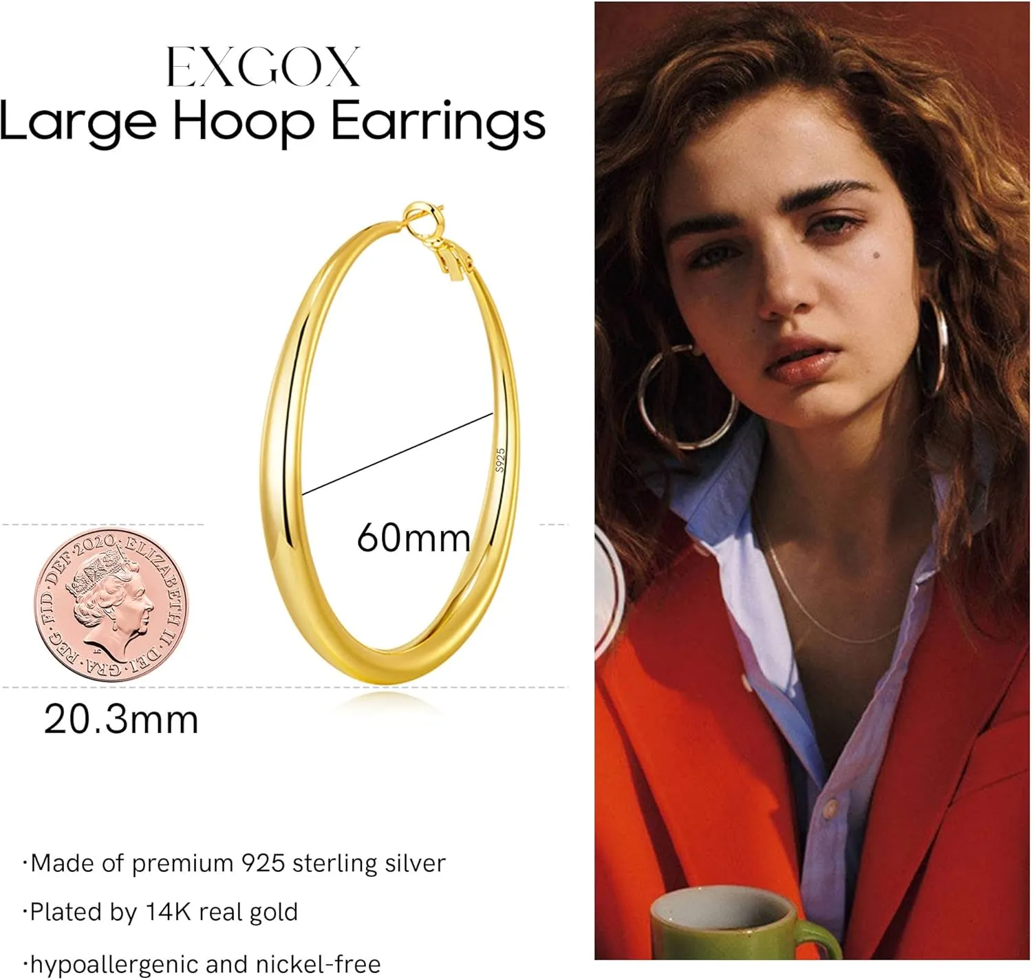 EXGOX Sterling Silver Hoop Earrings - Hypoallergenic, Lightweight, Chunky, 14K Real Gold Plated, Big Large Hoops for Women